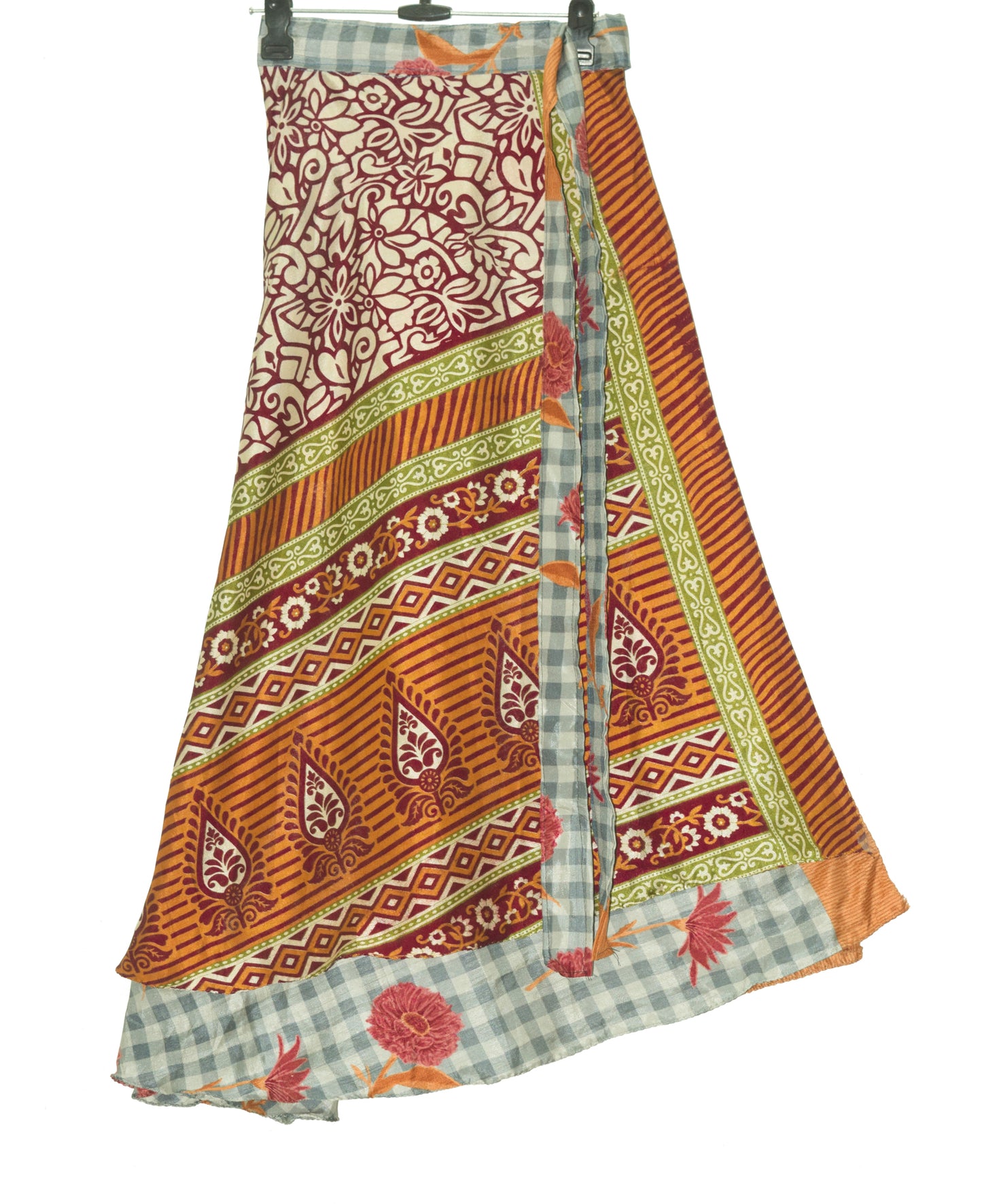 Sushila Vintage Gray Checks Saree Magic Wrap Reversible Art Silk Skirt Beach Dress