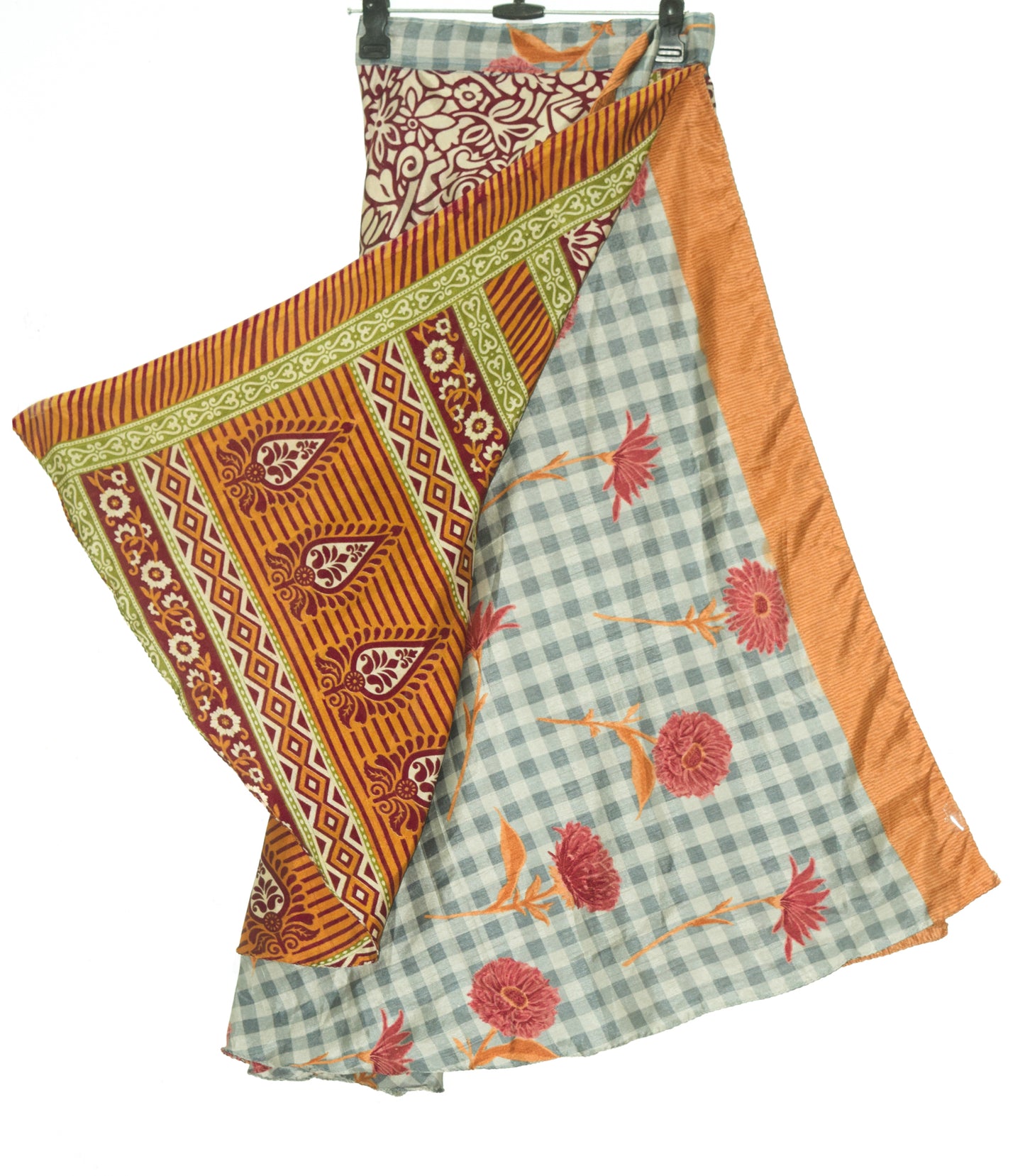 Sushila Vintage Gray Checks Saree Magic Wrap Reversible Art Silk Skirt Beach Dress