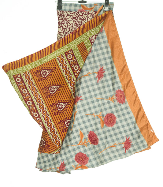 Sushila Vintage Gray Checks Saree Magic Wrap Reversible Art Silk Skirt Beach Dress