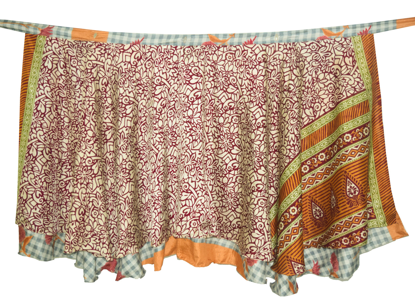 Sushila Vintage Gray Checks Saree Magic Wrap Reversible Art Silk Skirt Beach Dress