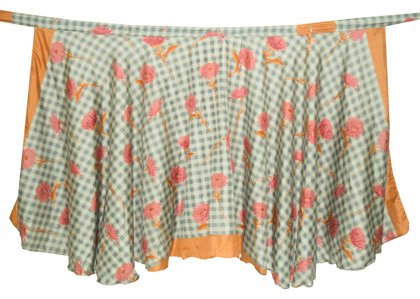 Sushila Vintage Gray Checks Saree Magic Wrap Reversible Art Silk Skirt Beach Dress