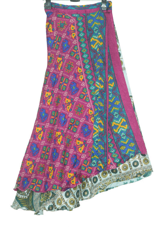 Sushila Vintage Purple&Gray Saree Magic Wrap Reversible Skirt Art Silk Beach Dress