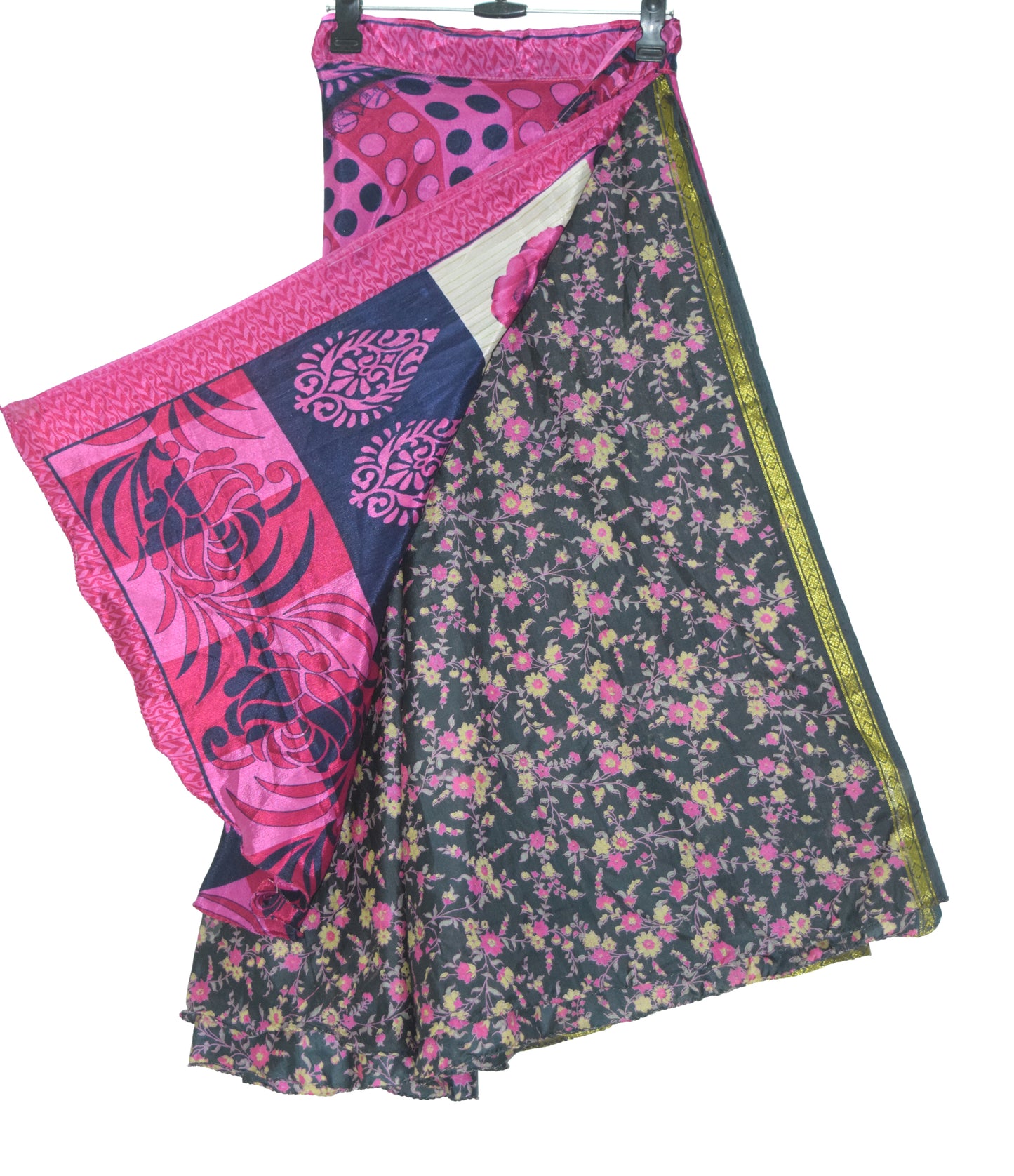 Sushila Vintage Silk Saree Magic Wrap Reversible Skirt Black Floral Beach Dress