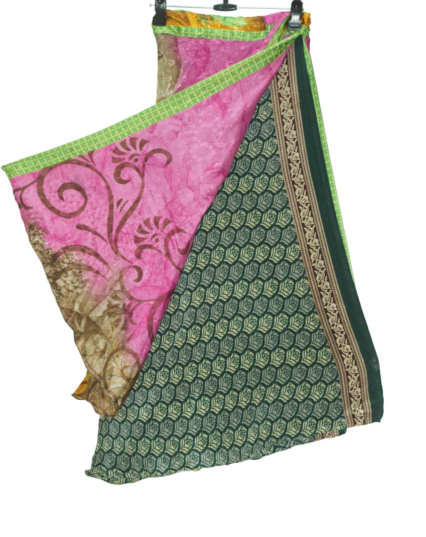 Sushila Vintage Art Silk Saree Magic Wrap Reversible Skirt Beach Dress Dark Green