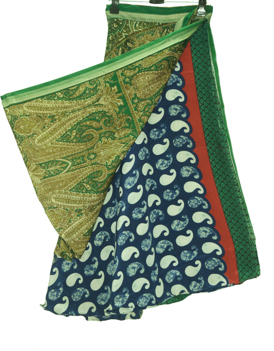 Sushila Vintage Green Blue Silk Saree Magic Wrap Reversible Skirt Beach Dress