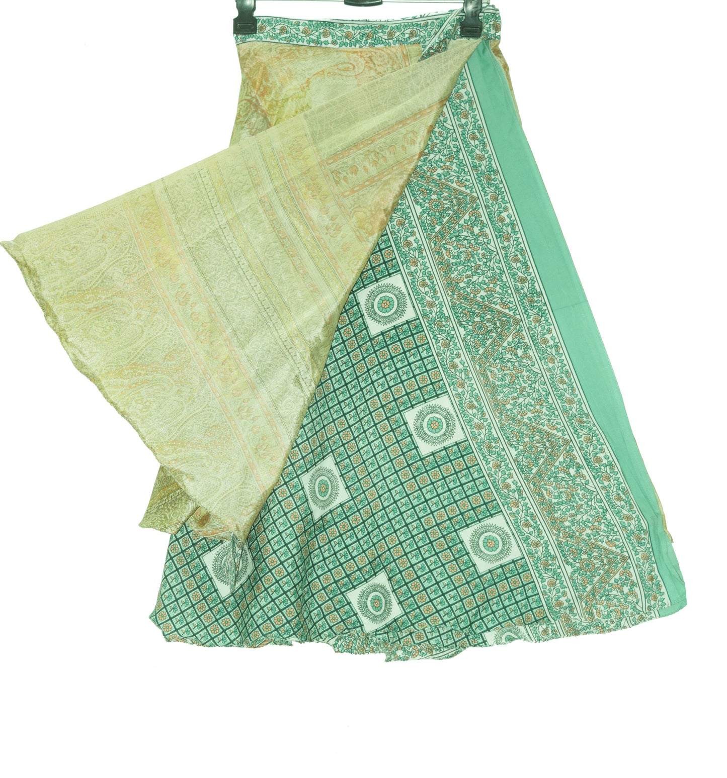 Sushila Vintage Green Floral Saree Magic Wrap Art Silk Reversible Skirt Beach Dress