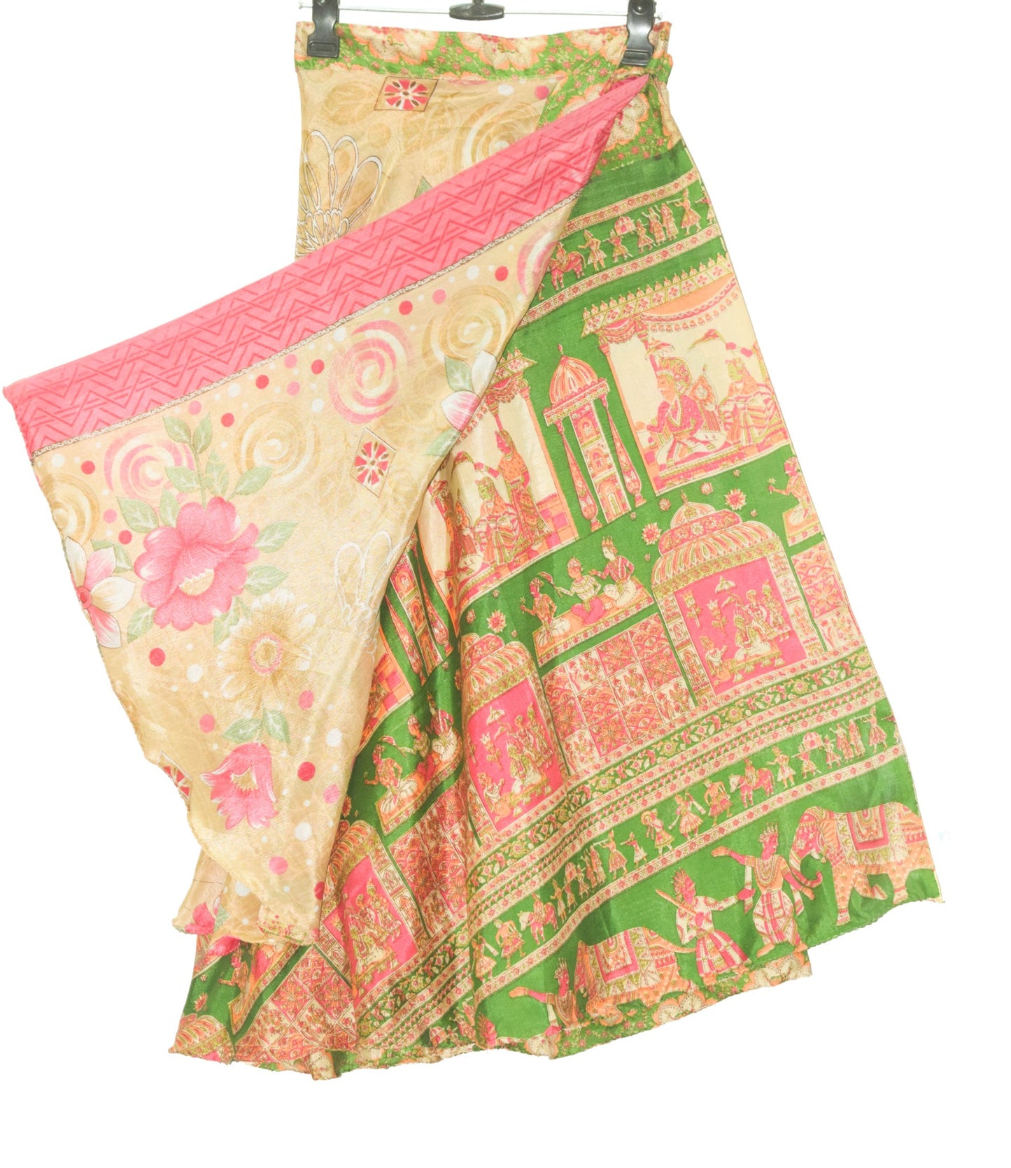 Sushila Vtg Human Printed Saree Magic Wrap Reversible Skirt Art Silk Beach Dress