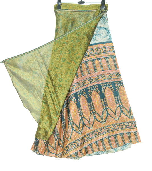 Sushila Vintage Green 2Layer Silk Saree Magic Wrap Reversible Skirt Beach Dress
