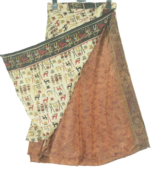 Sushila Vintage Antique Print Silk Saree Magic Wrap Reversible Skirt Beach Dress
