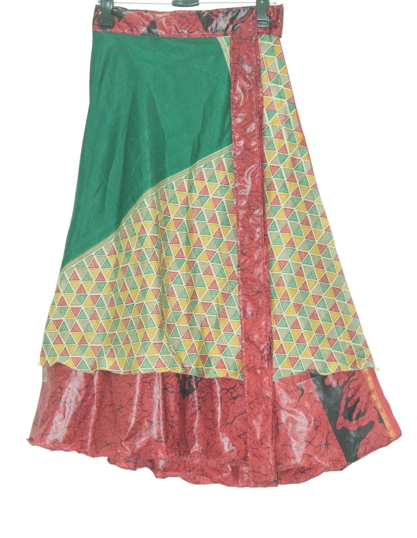 Sushila Vintage Maroon Green Saree Magic Wrap Reversible Skirt Art Silk Beach Dress