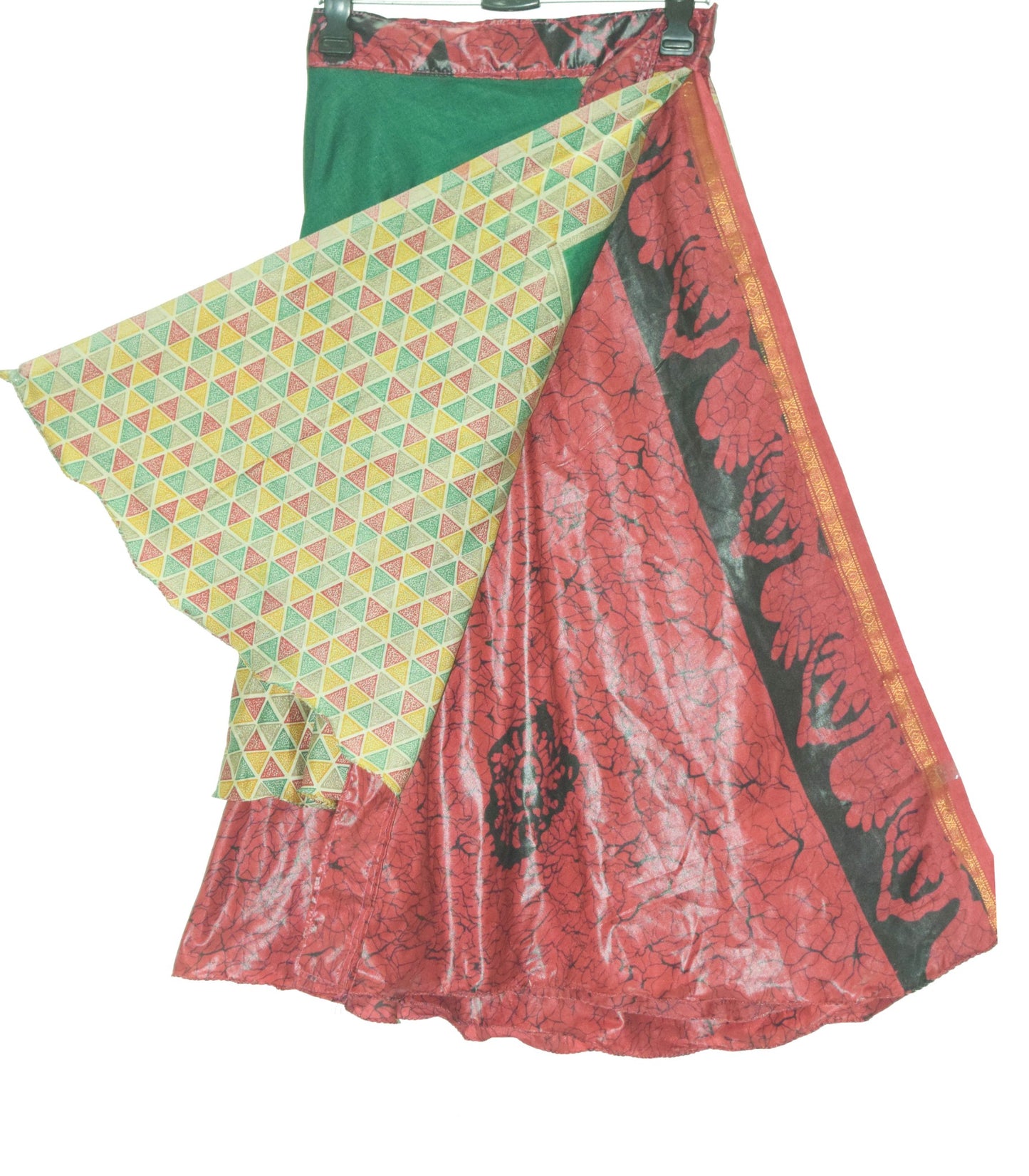 Sushila Vintage Maroon Green Saree Magic Wrap Reversible Skirt Art Silk Beach Dress