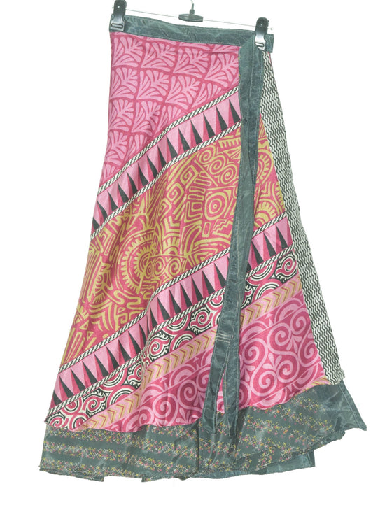 Sushila Vintage Gray & Pink Silk Saree Magic Wrap Reversible Skirt Beach Dress