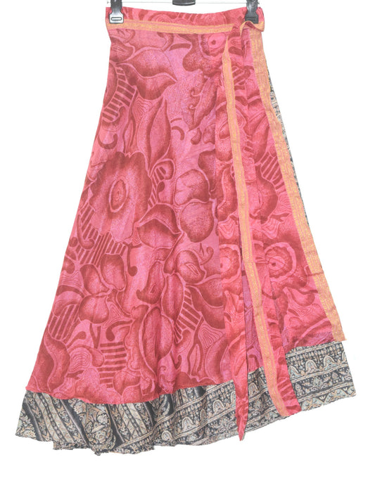 Sushila Vintage Black Floral Silk Saree Magic Wrap Reversible Skirt Beach Dress
