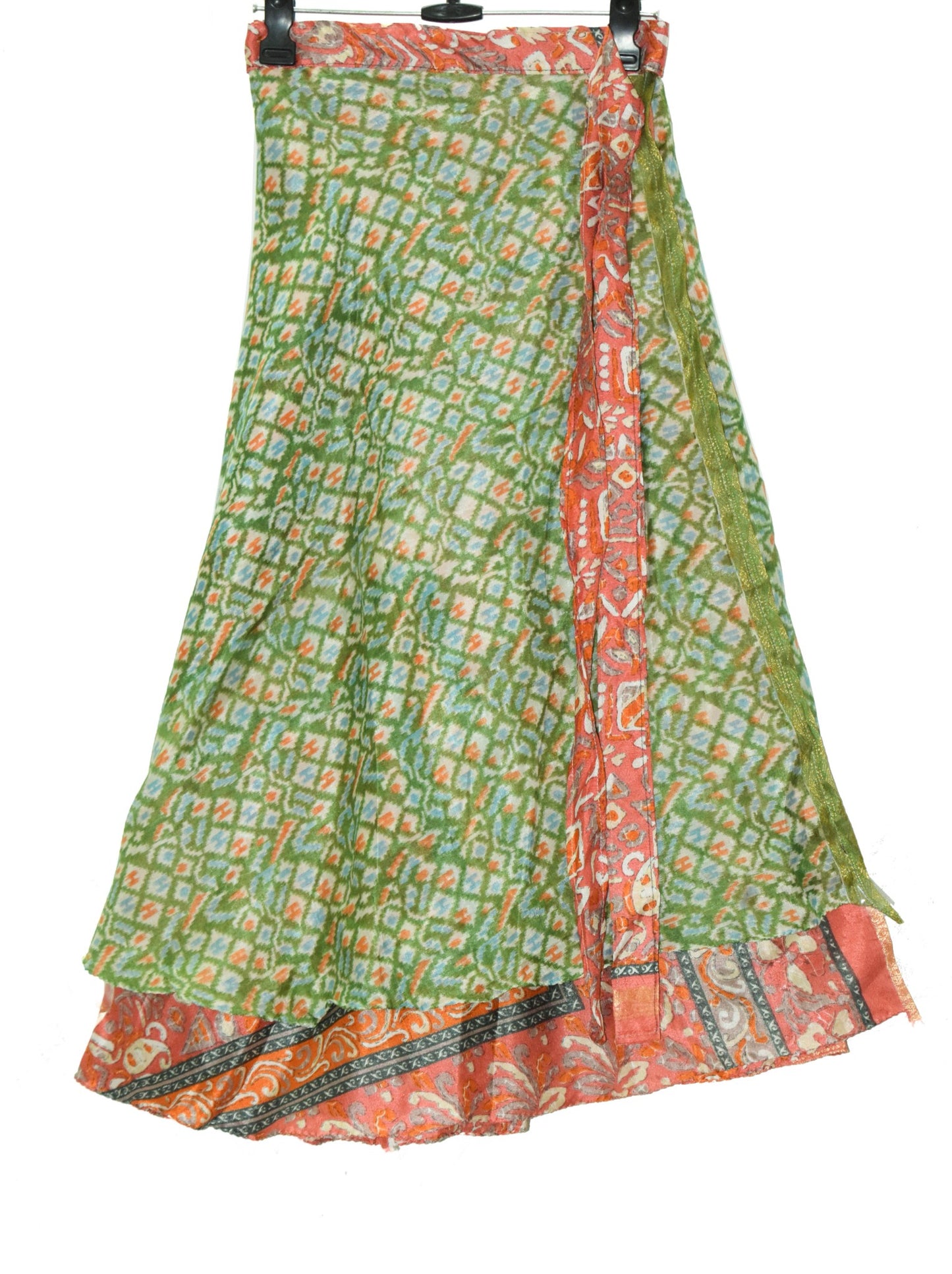 Sushila Vintage Art Silk Saree Green Magic Wrap Reversible Skirt Beach Dress Hippie