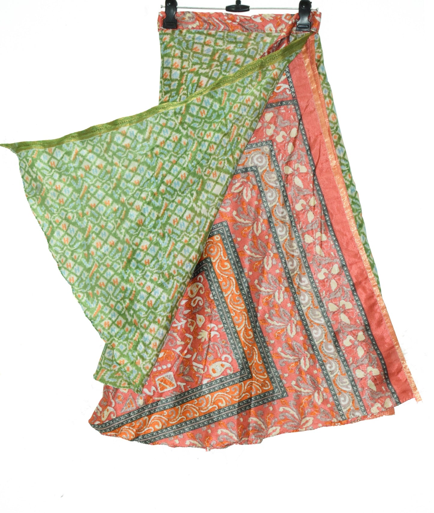 Sushila Vintage Art Silk Saree Green Magic Wrap Reversible Skirt Beach Dress Hippie