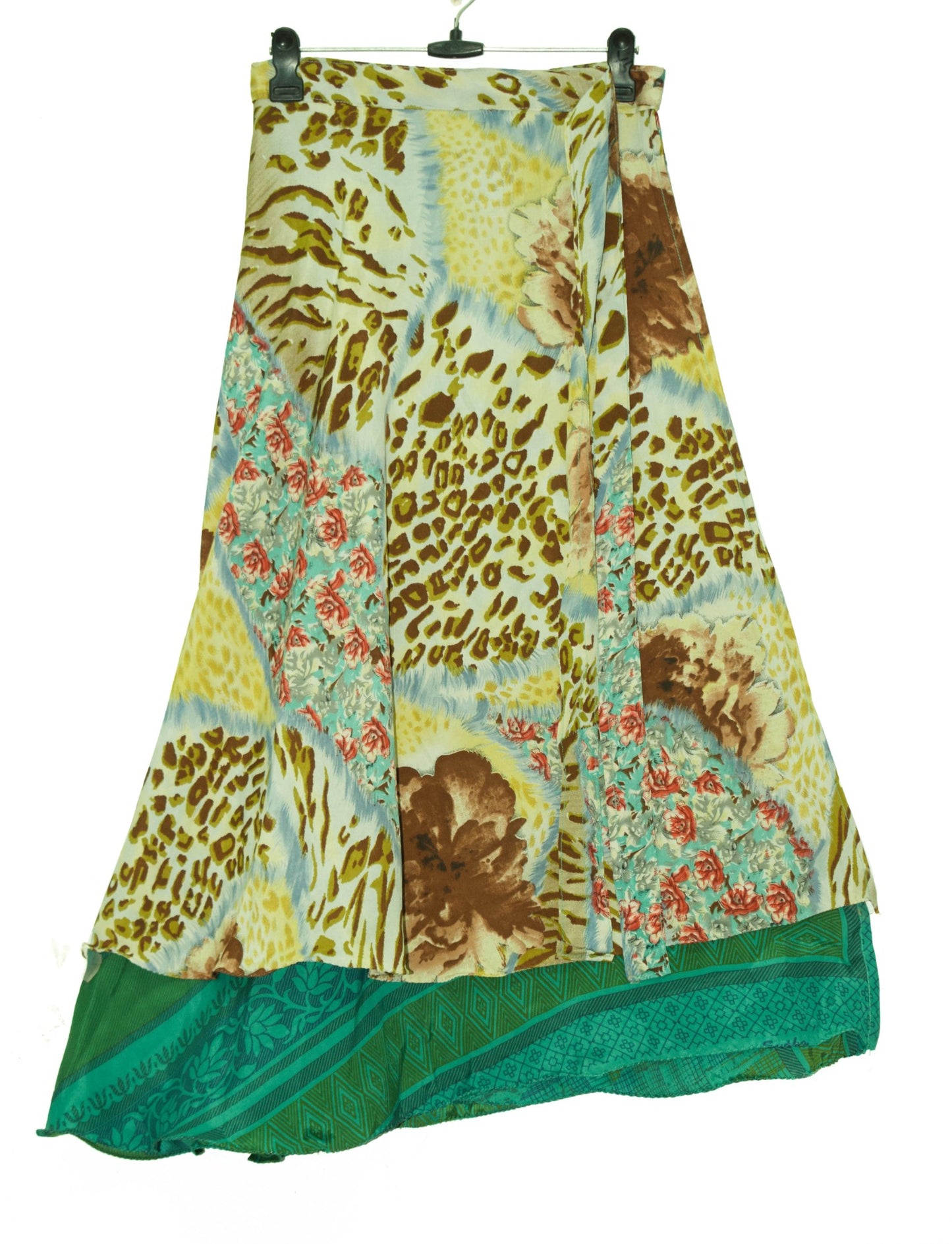 Sushila Vintage Teal Green Saree Magic Wrap Reversible Skirt Art Silk Beach Dress