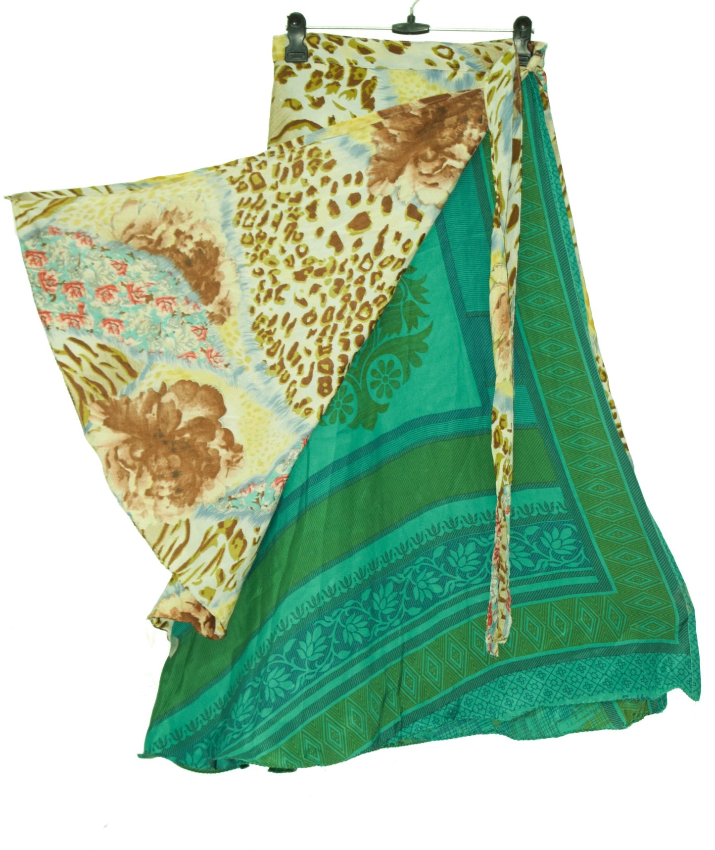 Sushila Vintage Teal Green Saree Magic Wrap Reversible Skirt Art Silk Beach Dress