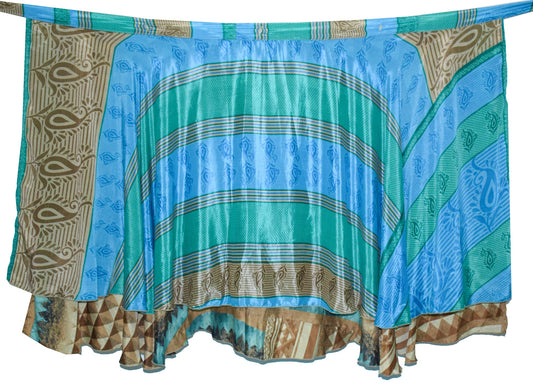 Sushila Vintage Blue Green Silk Saree Magic Wrap Reversible Skirt Beach Dress