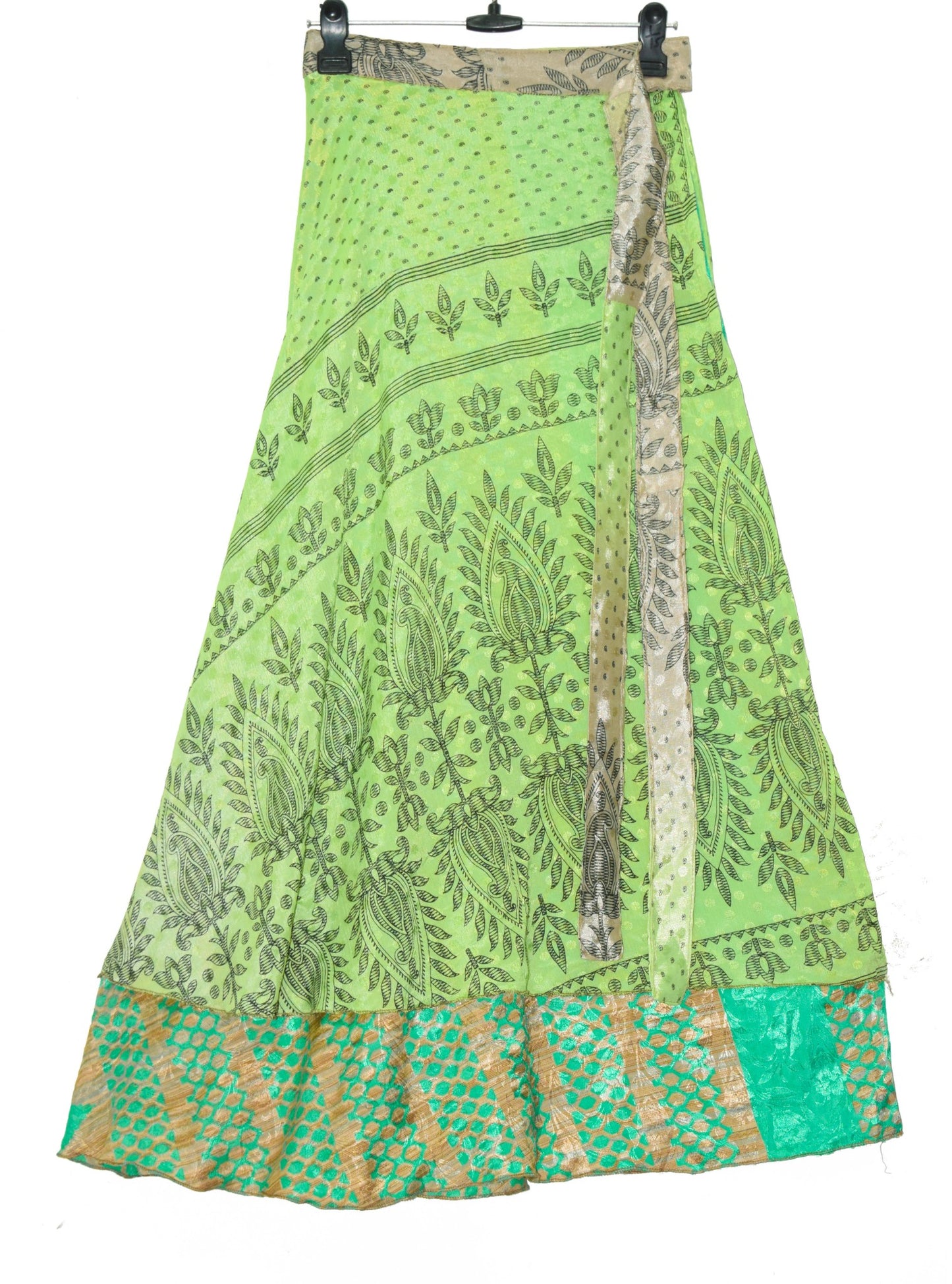 Sushila Vintage Art Silk Saree Magic Wrap Green Floral Reversible Skirt Beach Dress