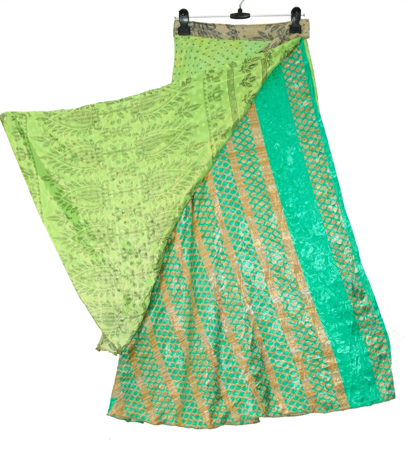 Sushila Vintage Art Silk Saree Magic Wrap Green Floral Reversible Skirt Beach Dress