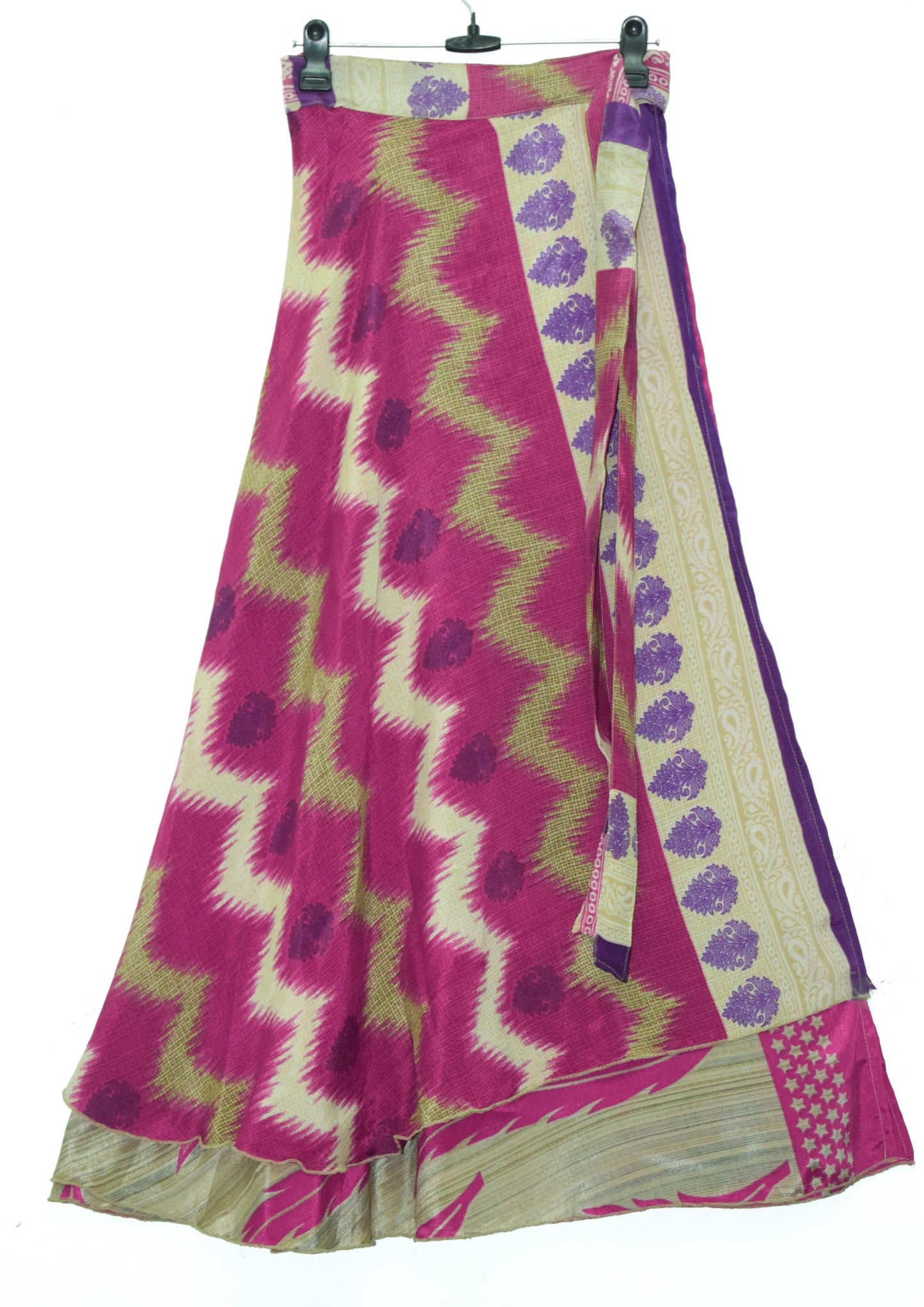 Sushila Vintage Cream Art Silk Saree Magic Wrap Reversible Skirt 2Layer Beach Dress
