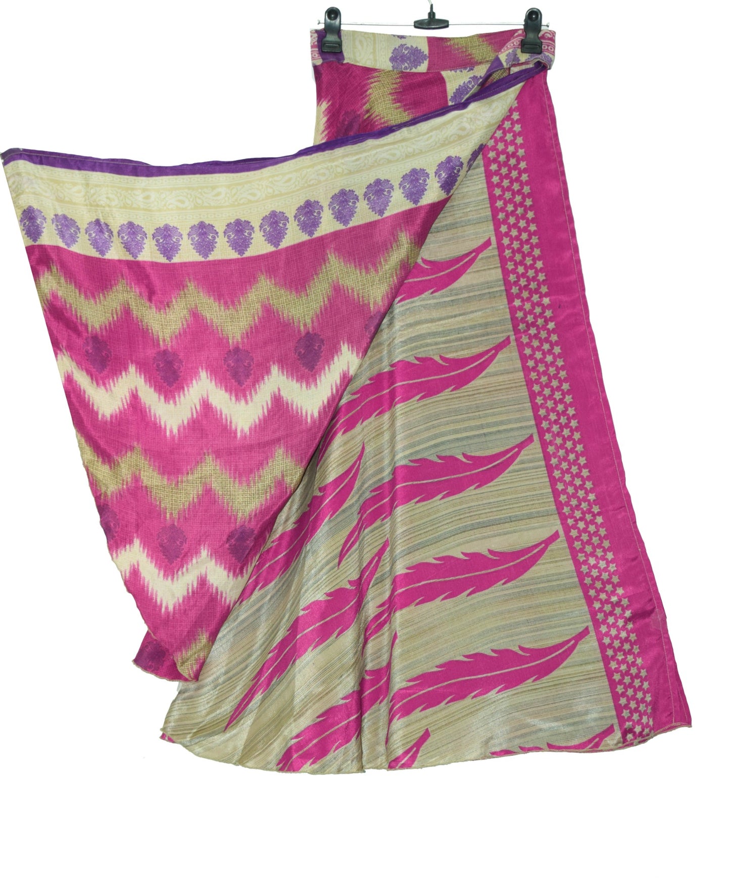 Sushila Vintage Cream Art Silk Saree Magic Wrap Reversible Skirt 2Layer Beach Dress