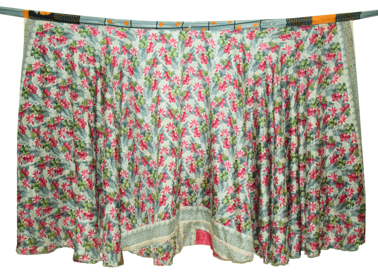 Sushila Vtg Floral White Silk Saree Magic Wrap Reversible Skirt Beach Dress Boho