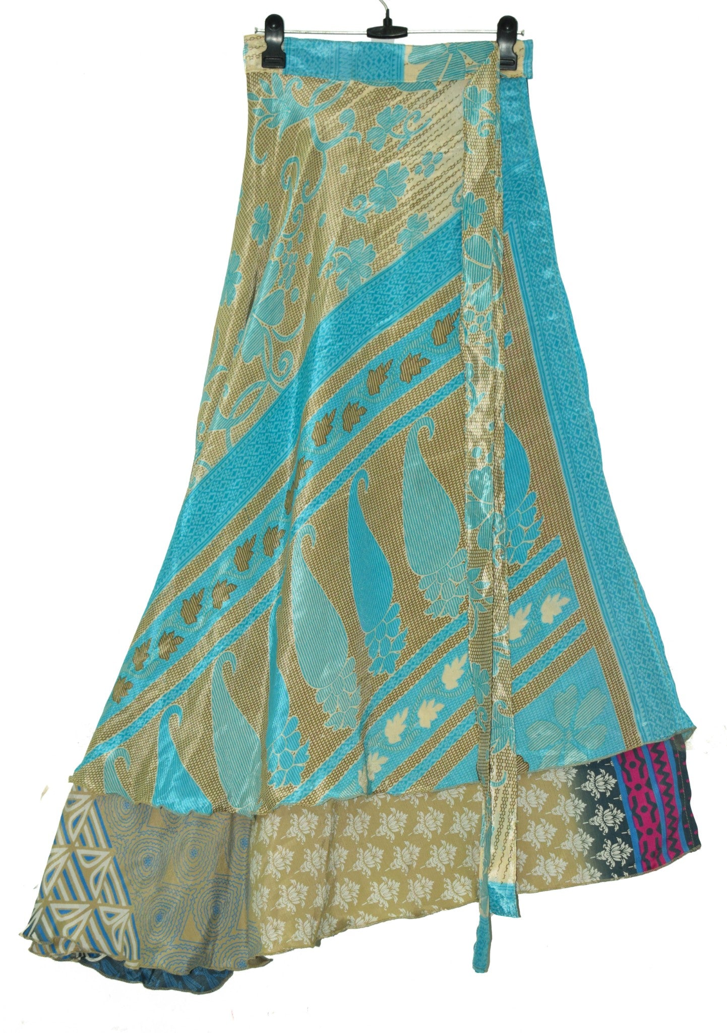 Sushila Vintage 2 Layer Art Silk Saree Magic Wrap Reversible Skirt Beach Dress Boho