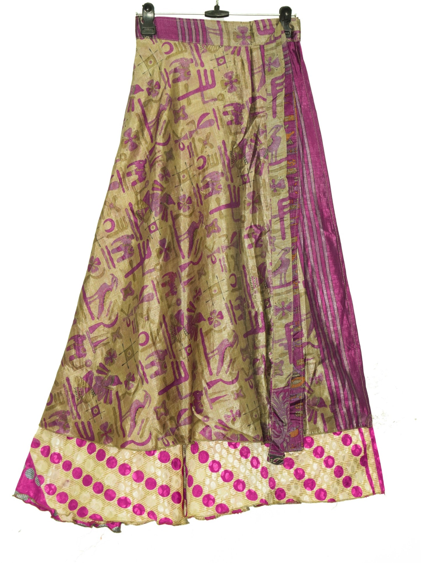 Sushila Vtg Beige Polka Dot Saree Magic Wrap Reversible Skirt Art Silk Beach Dress