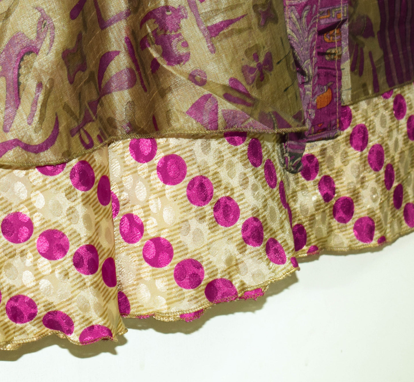 Sushila Vtg Beige Polka Dot Saree Magic Wrap Reversible Skirt Art Silk Beach Dress