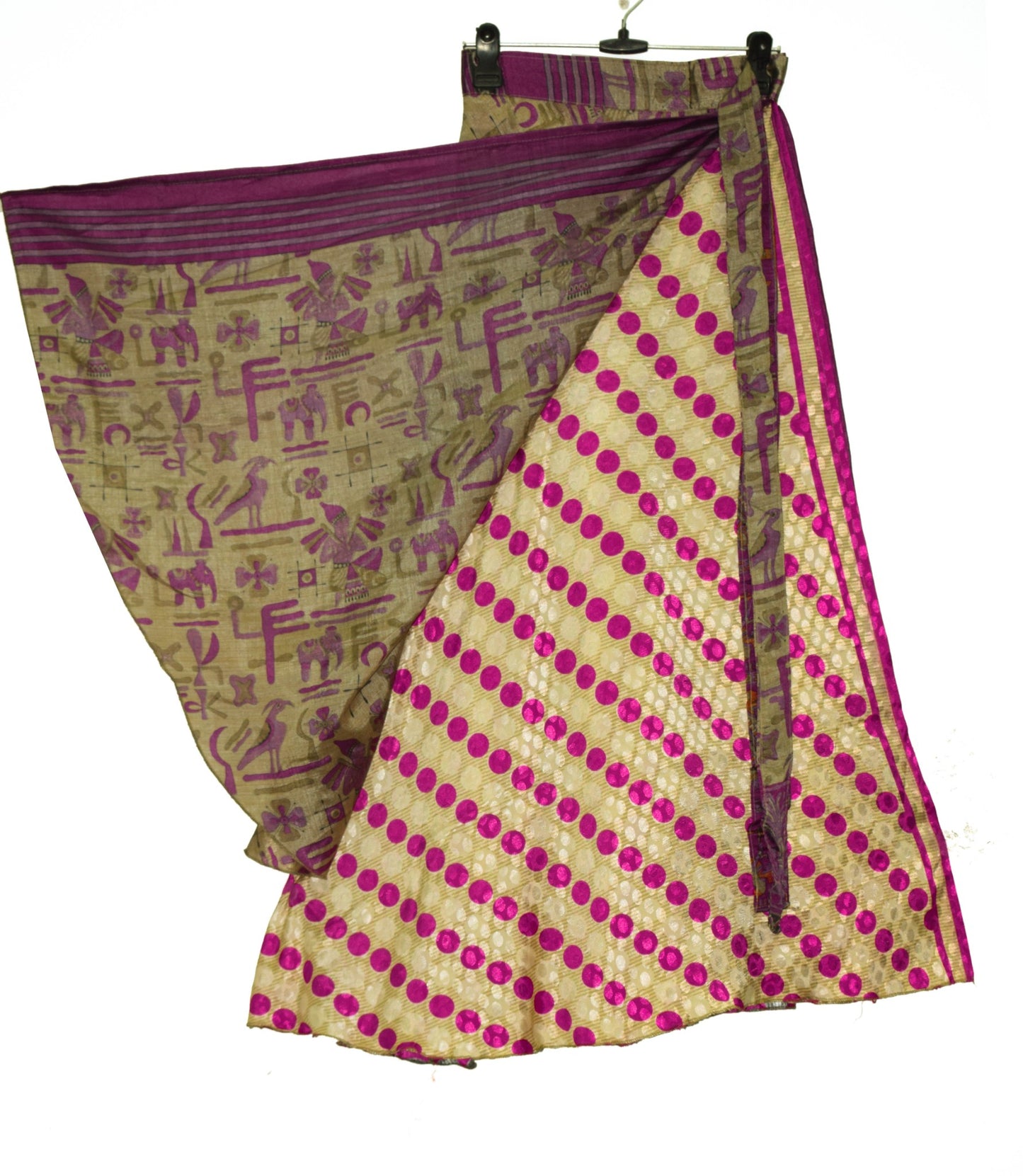 Sushila Vtg Beige Polka Dot Saree Magic Wrap Reversible Skirt Art Silk Beach Dress