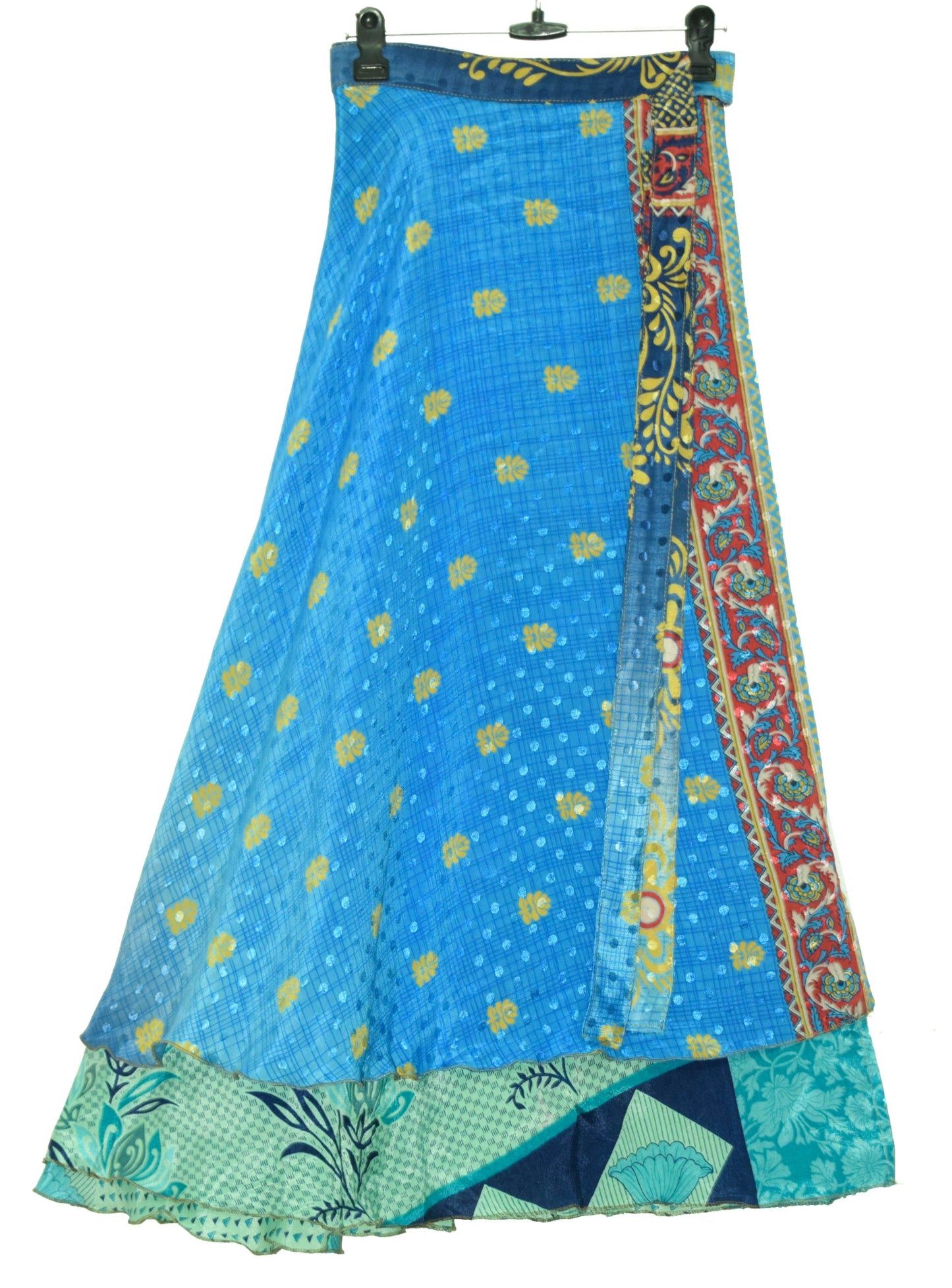 Sushila Vintage Blue Green Saree Magic Wrap Reversible Skirt Art Silk Beach Dress