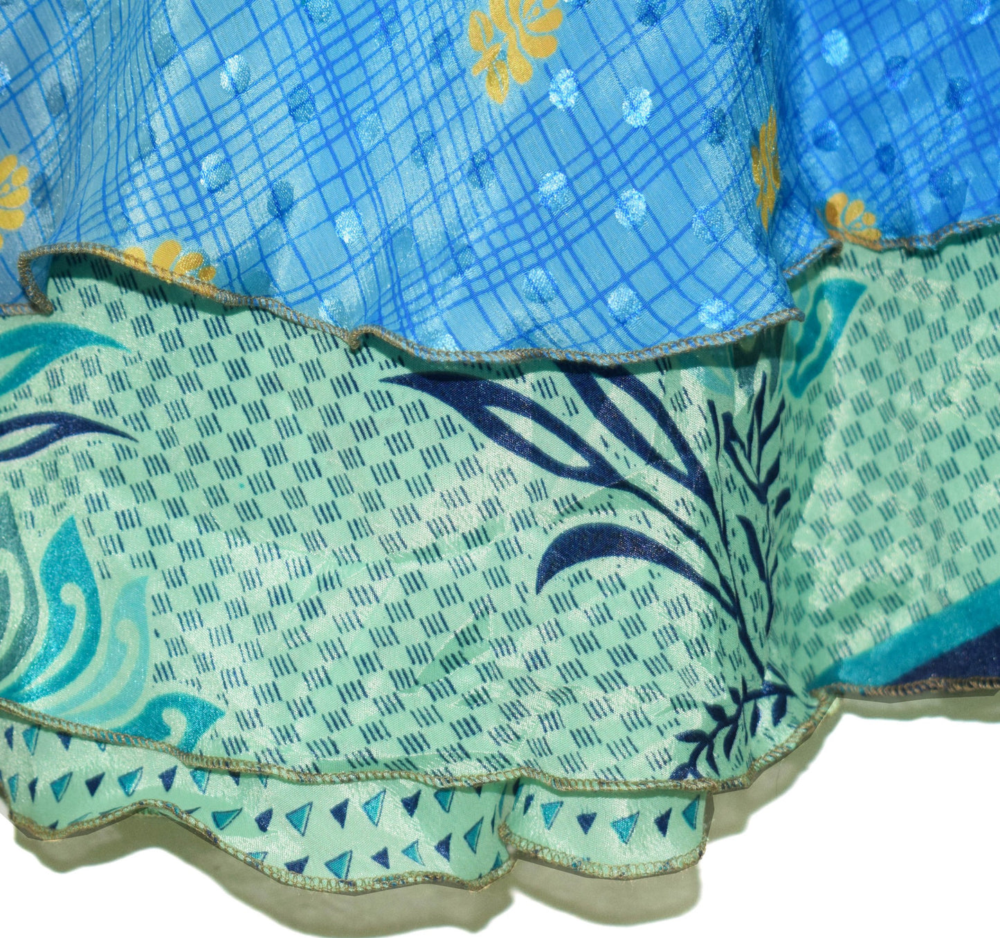 Sushila Vintage Blue Green Saree Magic Wrap Reversible Skirt Art Silk Beach Dress