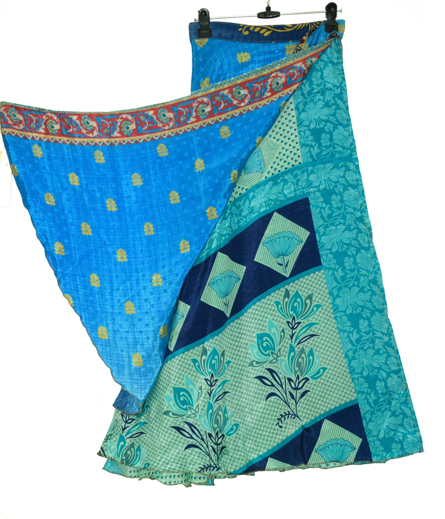 Sushila Vintage Blue Green Saree Magic Wrap Reversible Skirt Art Silk Beach Dress