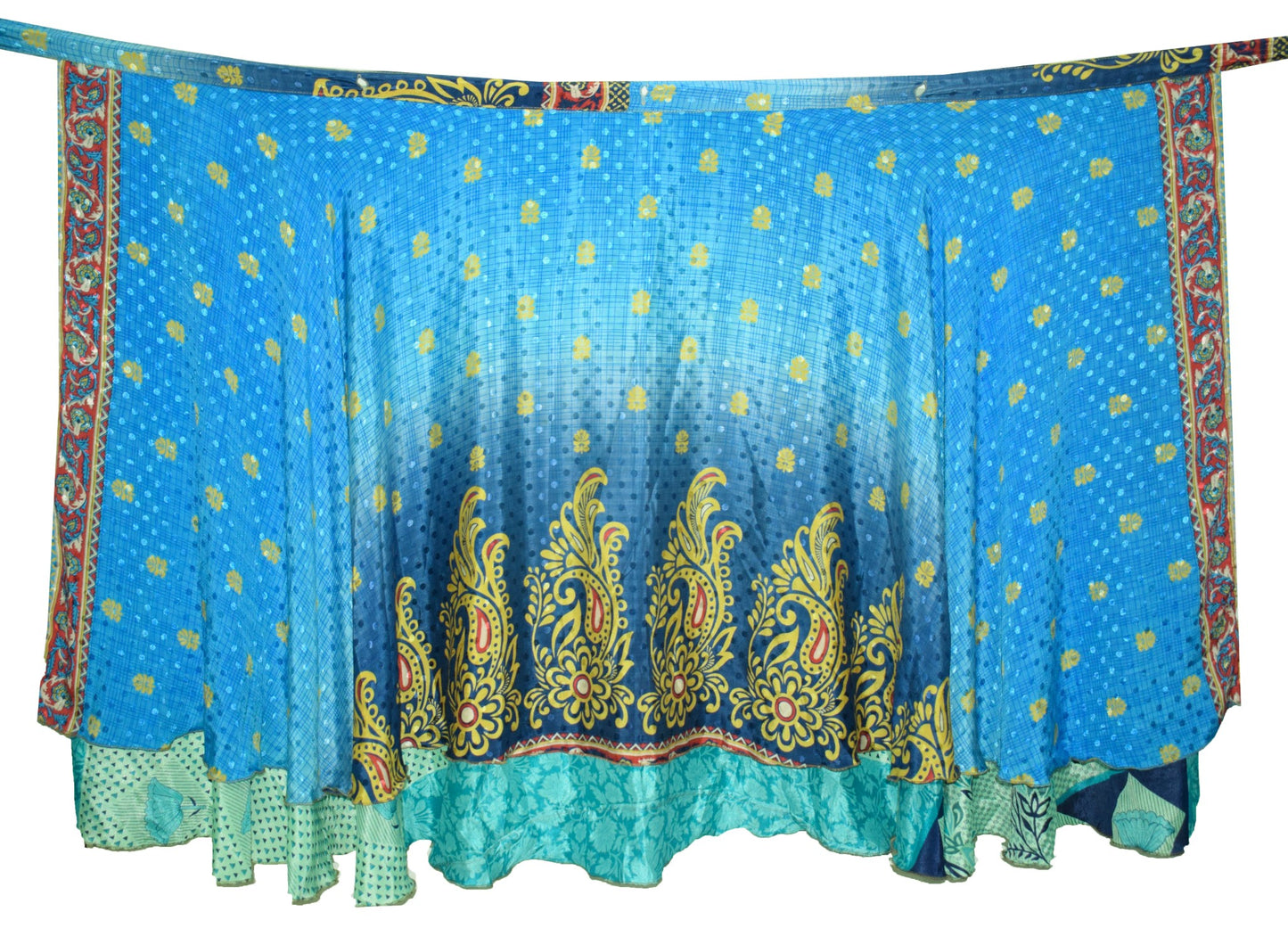 Sushila Vintage Blue Green Saree Magic Wrap Reversible Skirt Art Silk Beach Dress