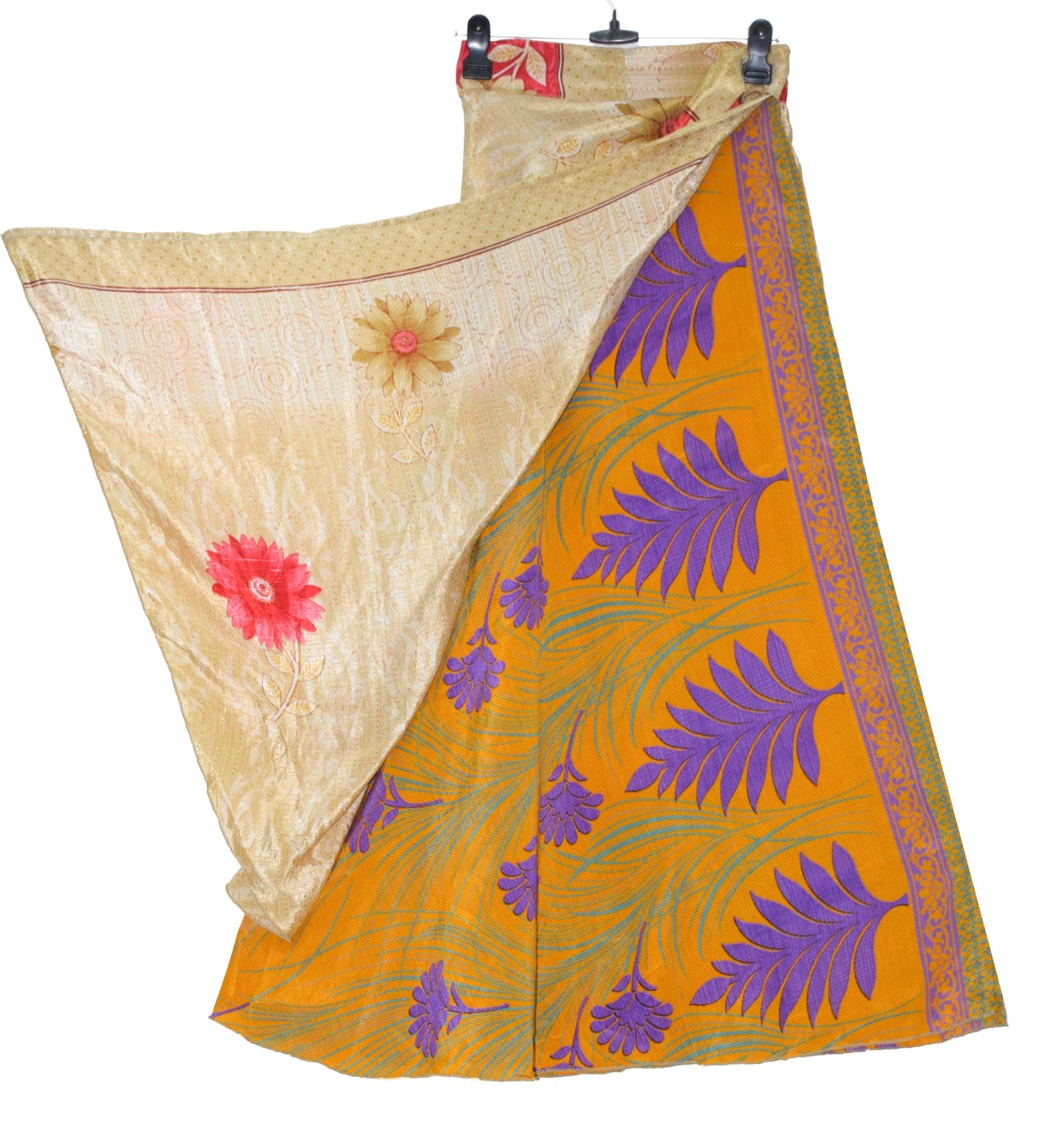 Sushila Vintage Mustard Art Silk Saree Magic Wrap Reversible Skirt Beach Dress Boho