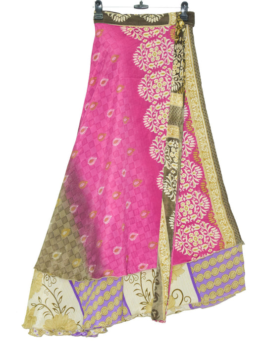 Sushila Vtg Silk Saree Magic Wrap Reversible Skirt Floral 2 Layer Beach Dress