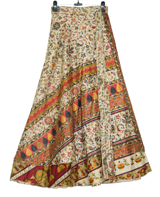 Sushila Vintage Warli Art Silk Saree Magic Wrap Reversible Skirt Beach Dress