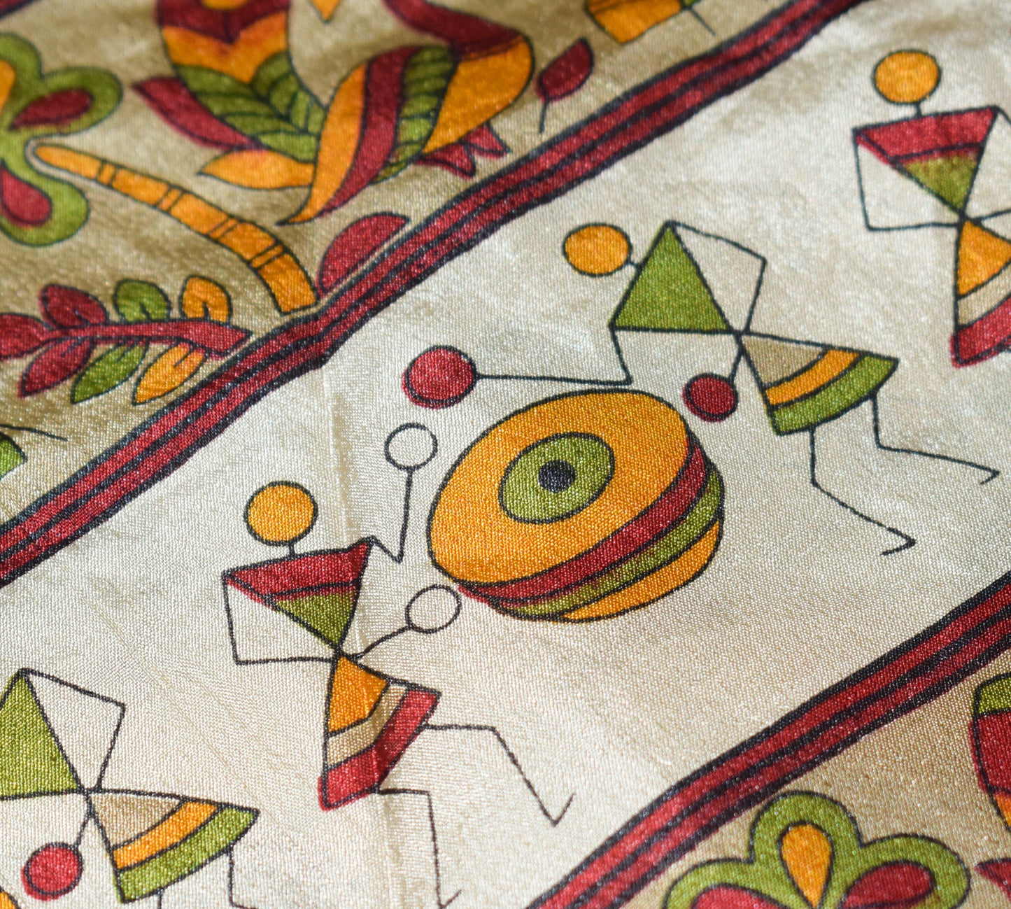 Sushila Vintage Warli Art Silk Saree Magic Wrap Reversible Skirt Beach Dress