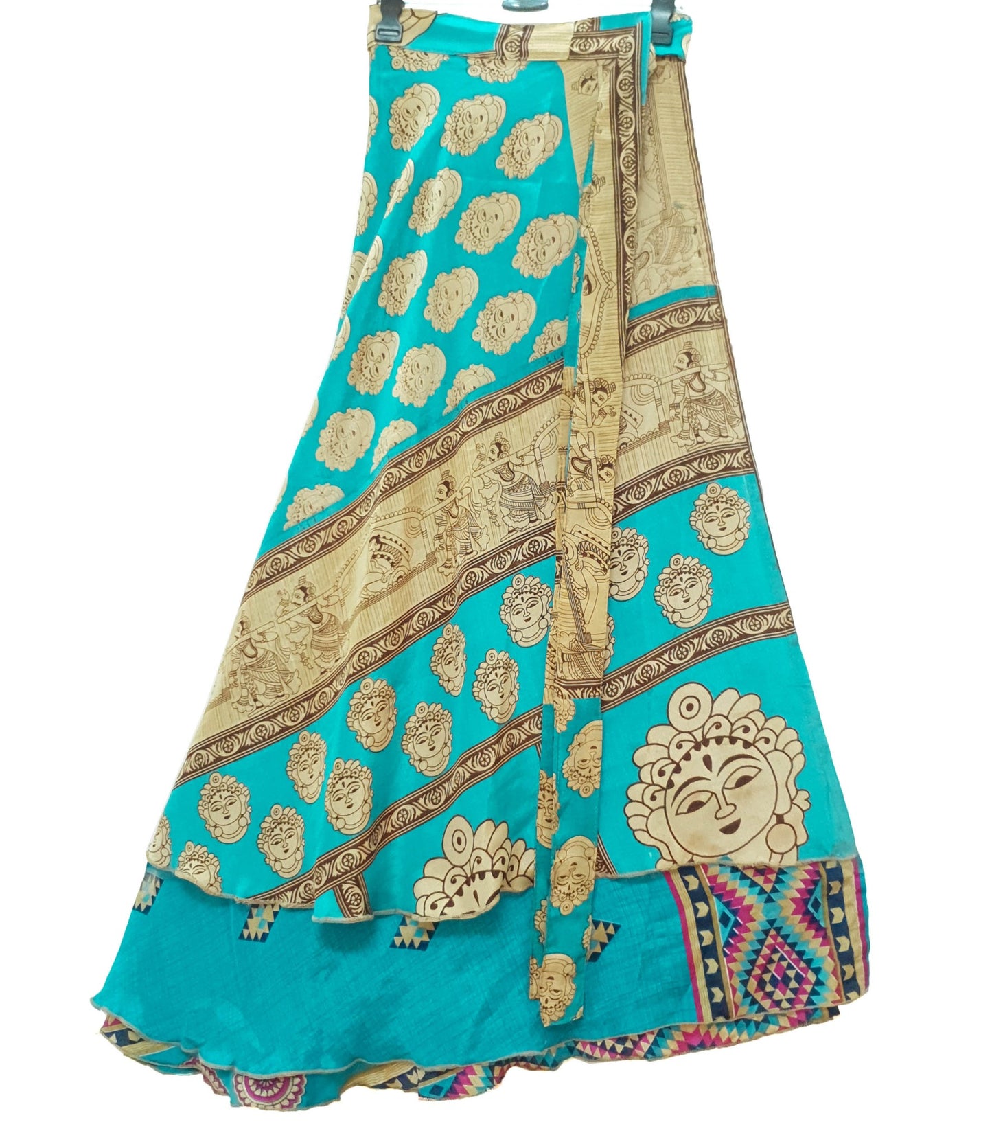 Sushila Vtg Human Face Print Silk Saree Magic Wrap Reversible Skirt Beach Dress