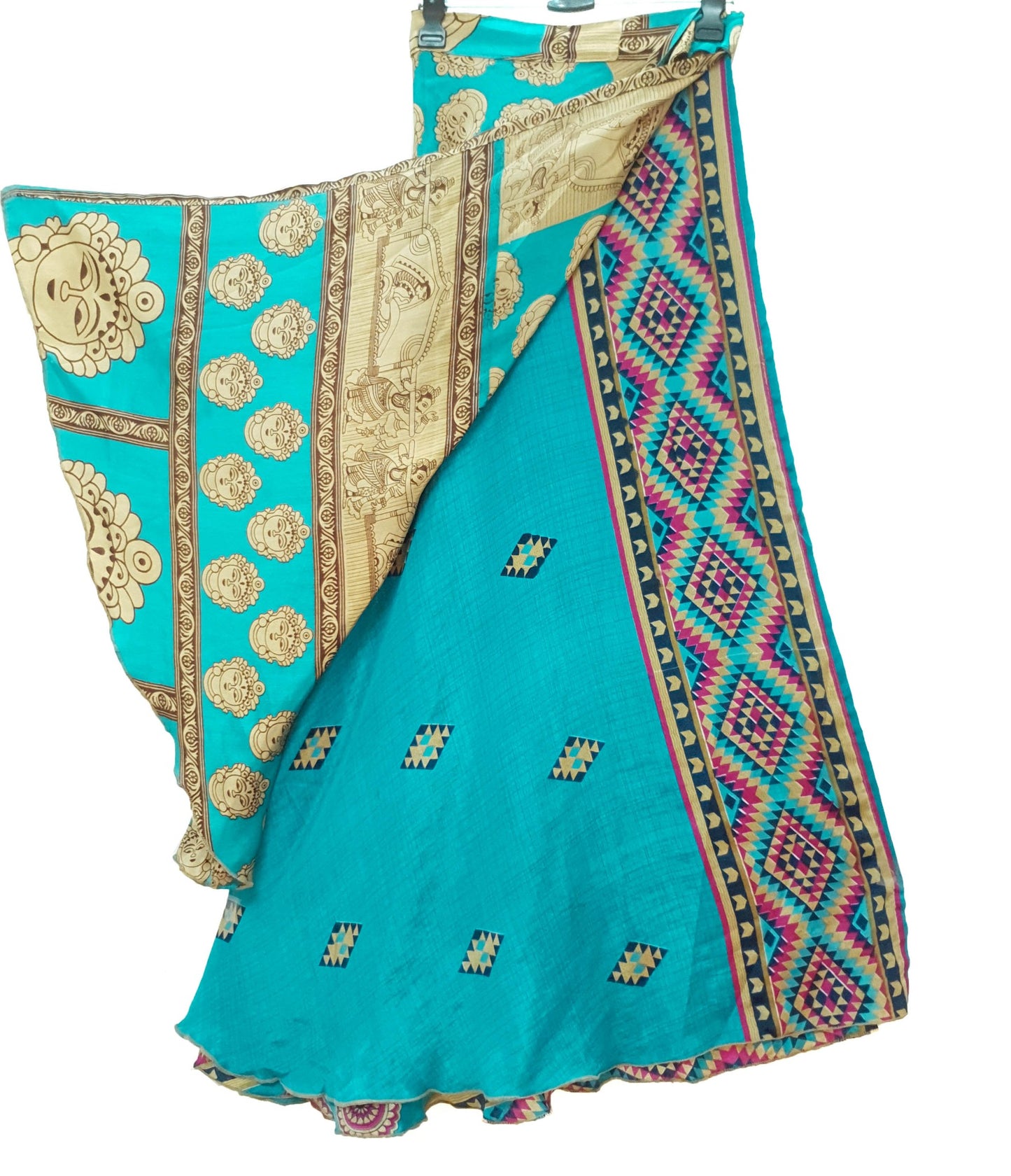 Sushila Vtg Human Face Print Silk Saree Magic Wrap Reversible Skirt Beach Dress