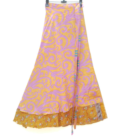 Sushila Vtg Bright Orange Silk Saree Magic Wrap Reversible Skirt Beach Dress