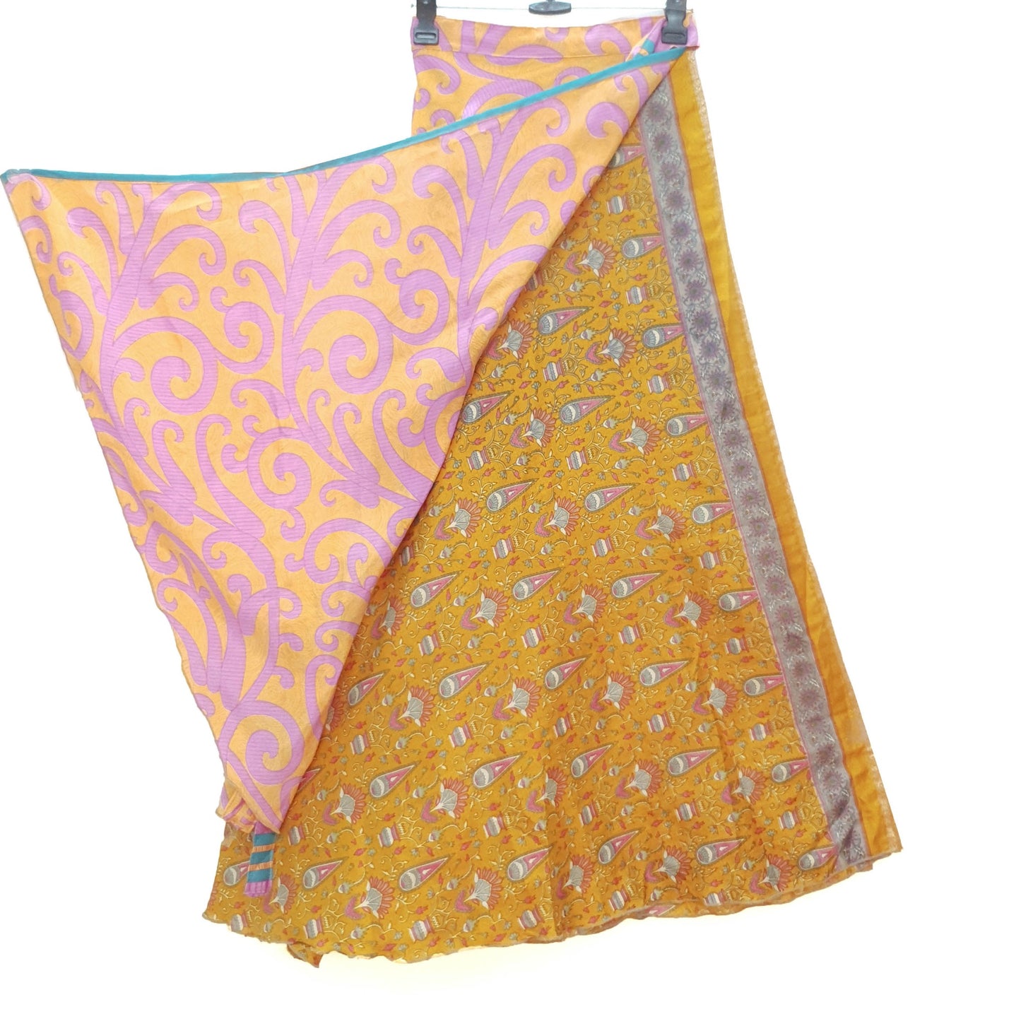 Sushila Vtg Bright Orange Silk Saree Magic Wrap Reversible Skirt Beach Dress