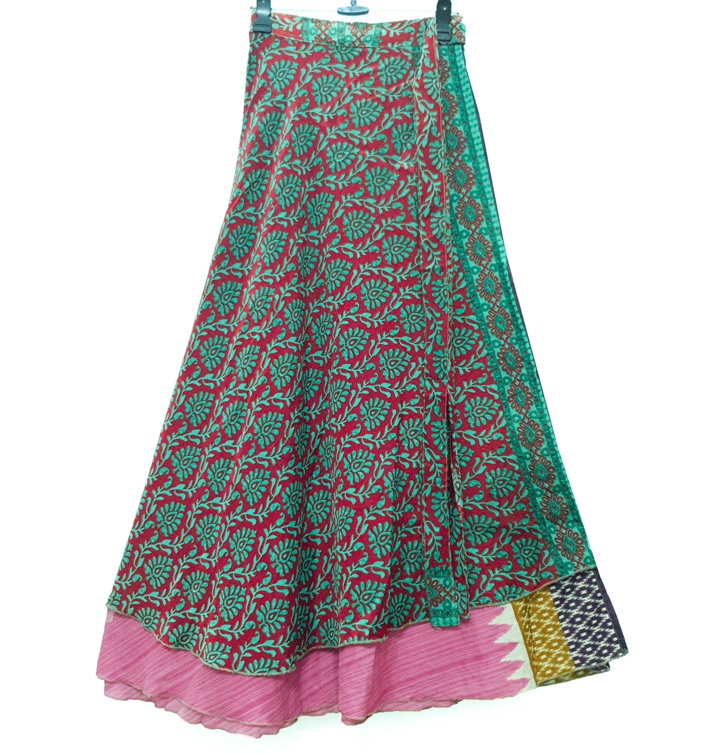 Sushila Vintage Red Pink Saree Magic Wrap Art Silk Reversible Skirt Beach Dress Boho