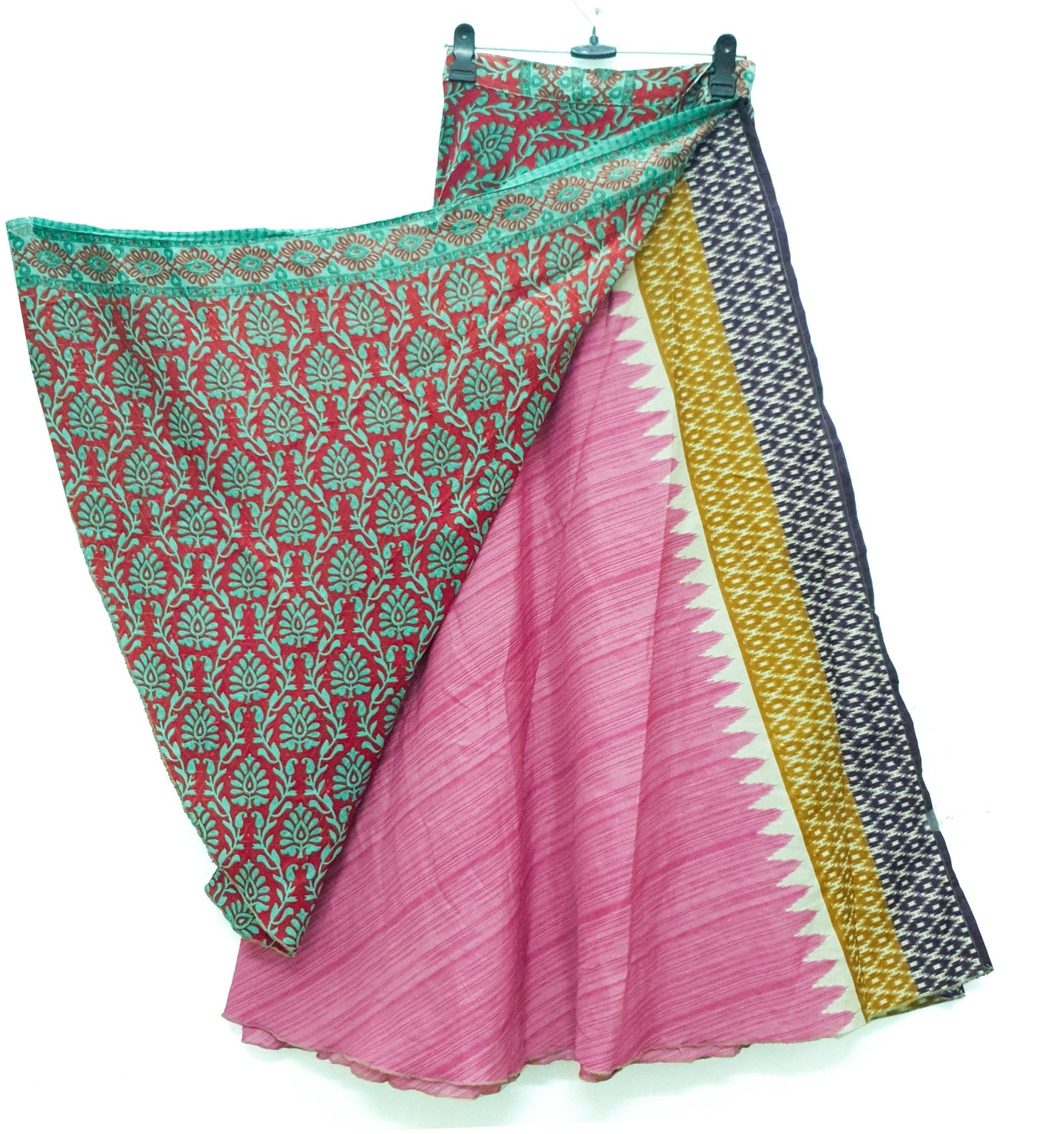 Sushila Vintage Red Pink Saree Magic Wrap Art Silk Reversible Skirt Beach Dress Boho