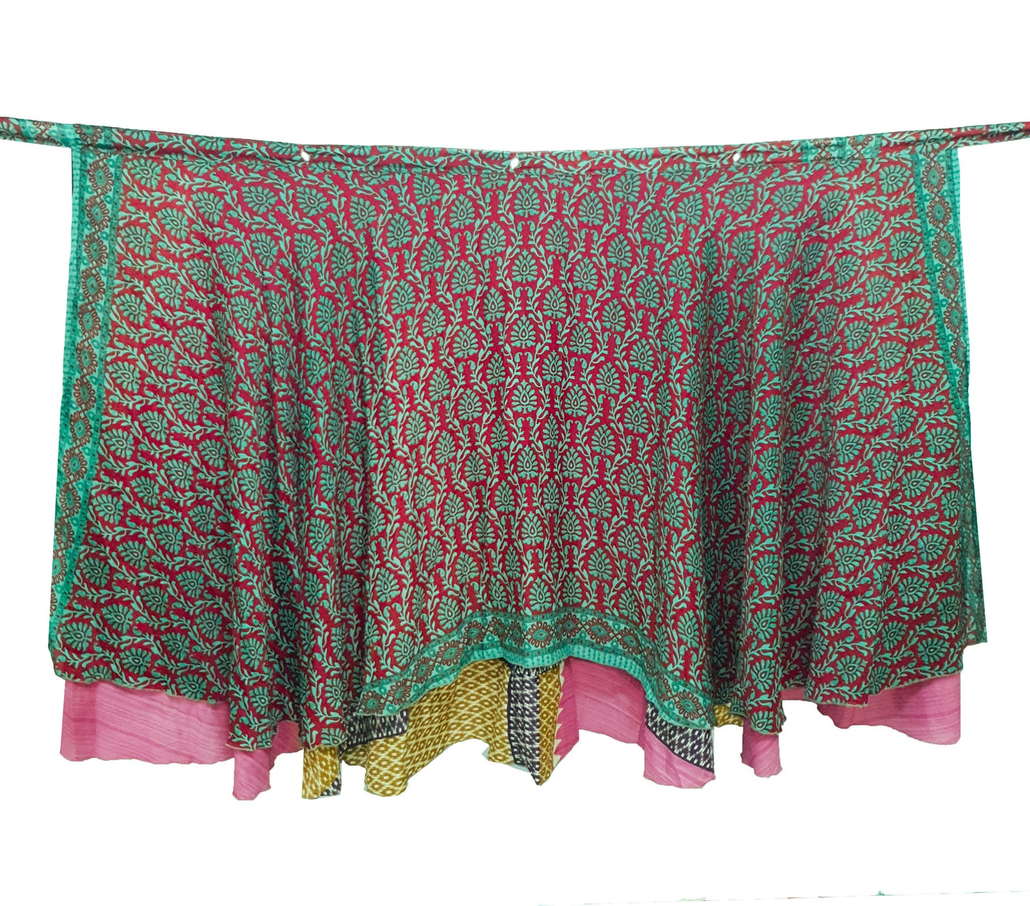 Sushila Vintage Red Pink Saree Magic Wrap Art Silk Reversible Skirt Beach Dress Boho