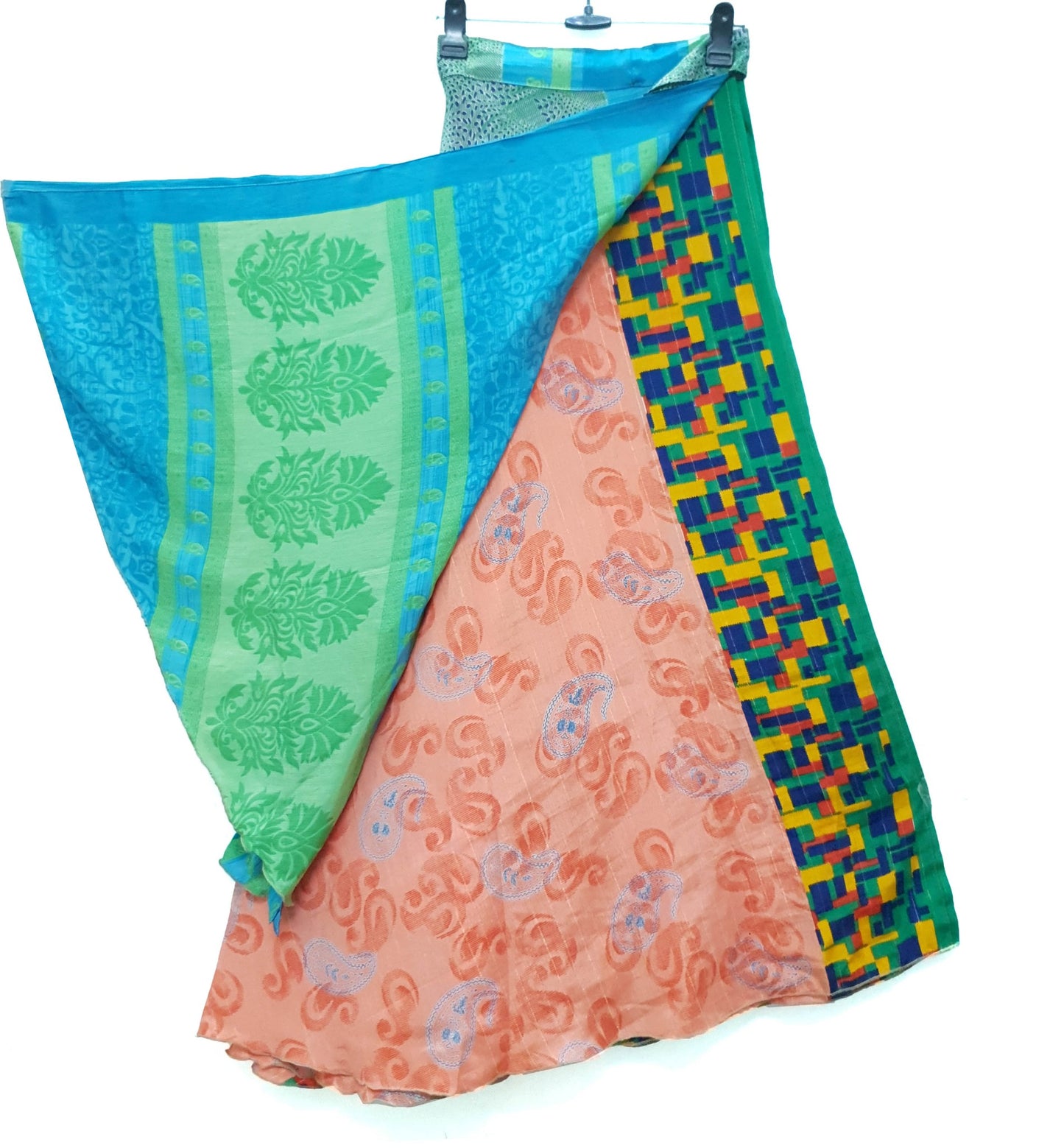 Sushila Vintage Art Silk Saree Magic Wrap Green Boho Reversible Skirt Beach Dress