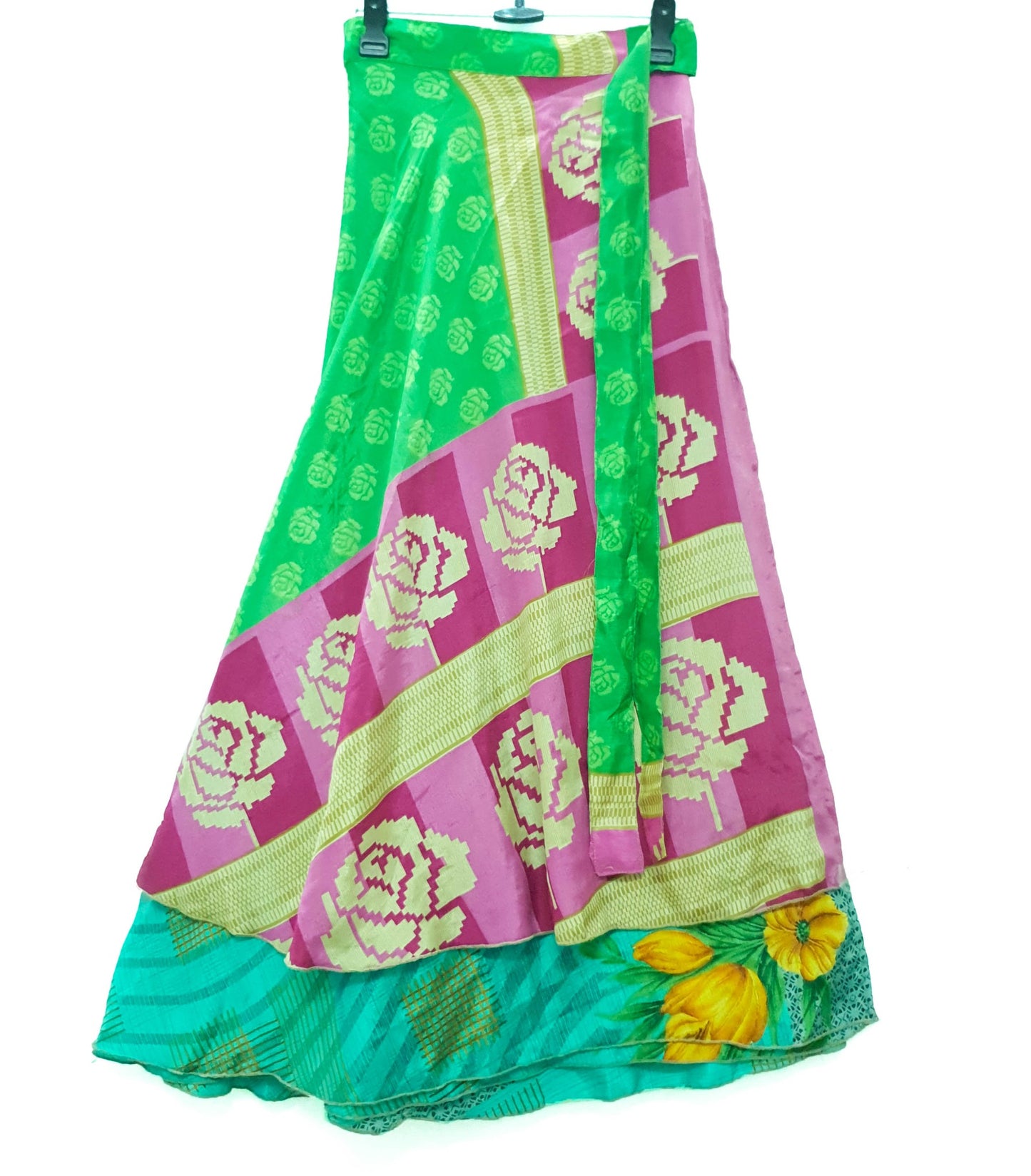 Sushila Vintage Art Silk Saree Magic Wrap Reversible Skirt Floral Green Beach Dress