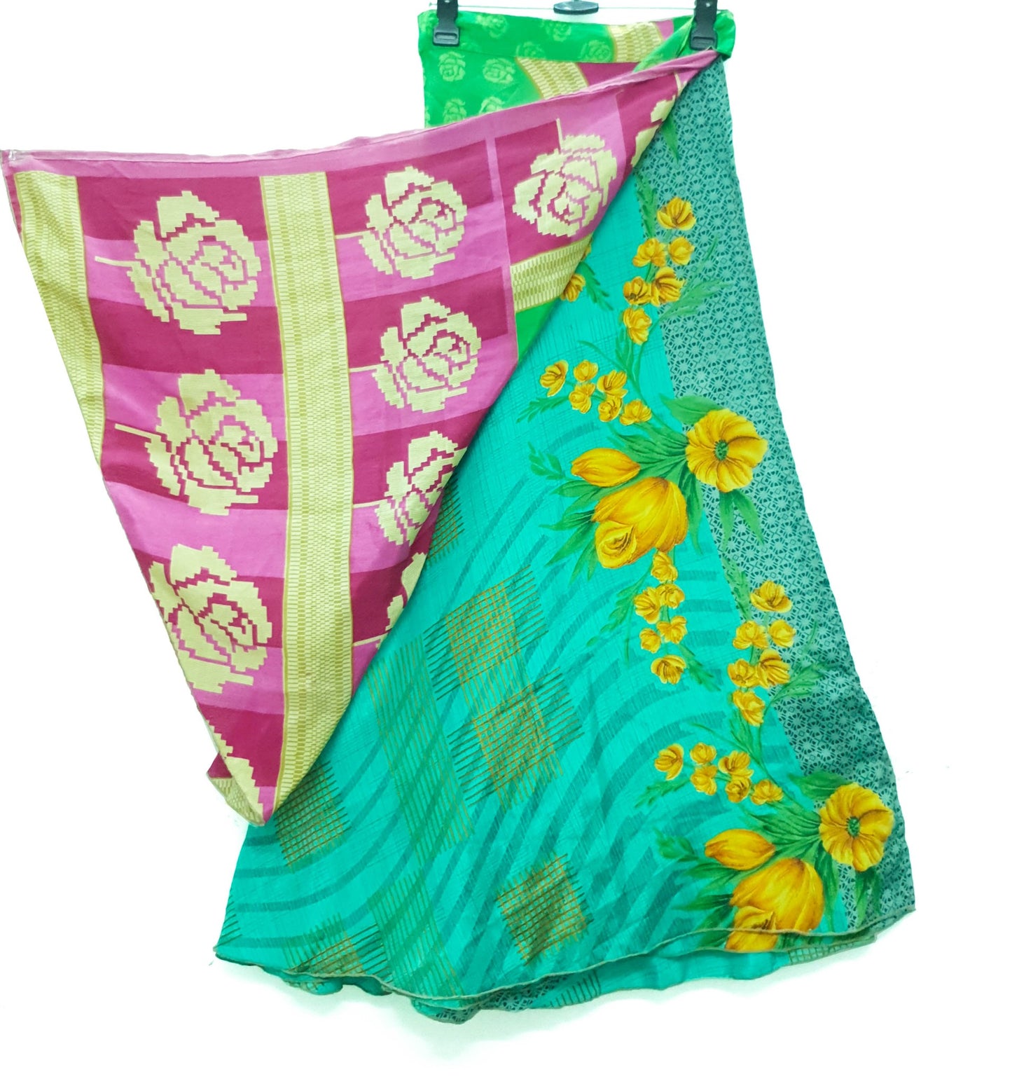 Sushila Vintage Art Silk Saree Magic Wrap Reversible Skirt Floral Green Beach Dress