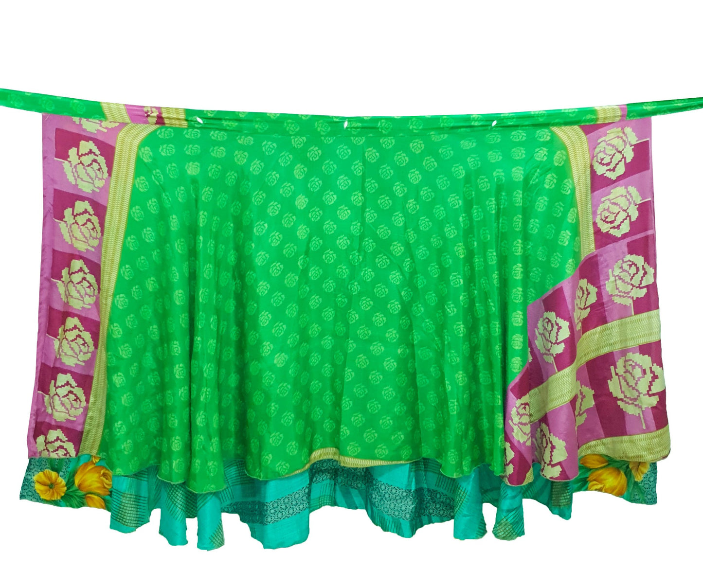 Sushila Vintage Art Silk Saree Magic Wrap Reversible Skirt Floral Green Beach Dress